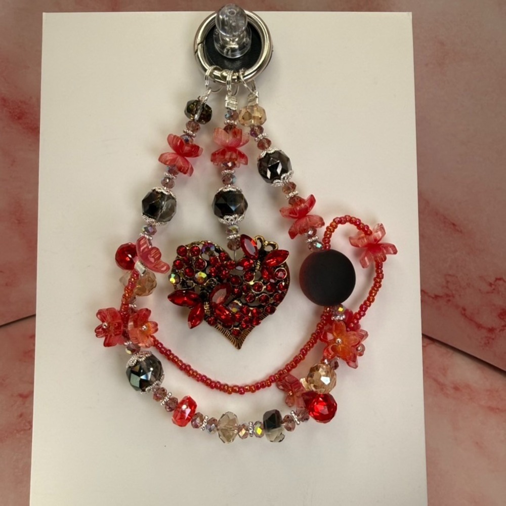 Red Heart Butterfly Crystal Brooch Pin‎ Beaded Bag Wristlet Phone Charm Keychain